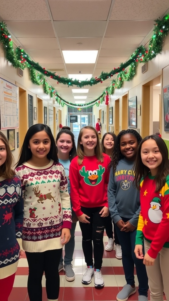Festive Christmas Outfit Ideas for School Students in festive Christmas outfits in a decorated school hallway.